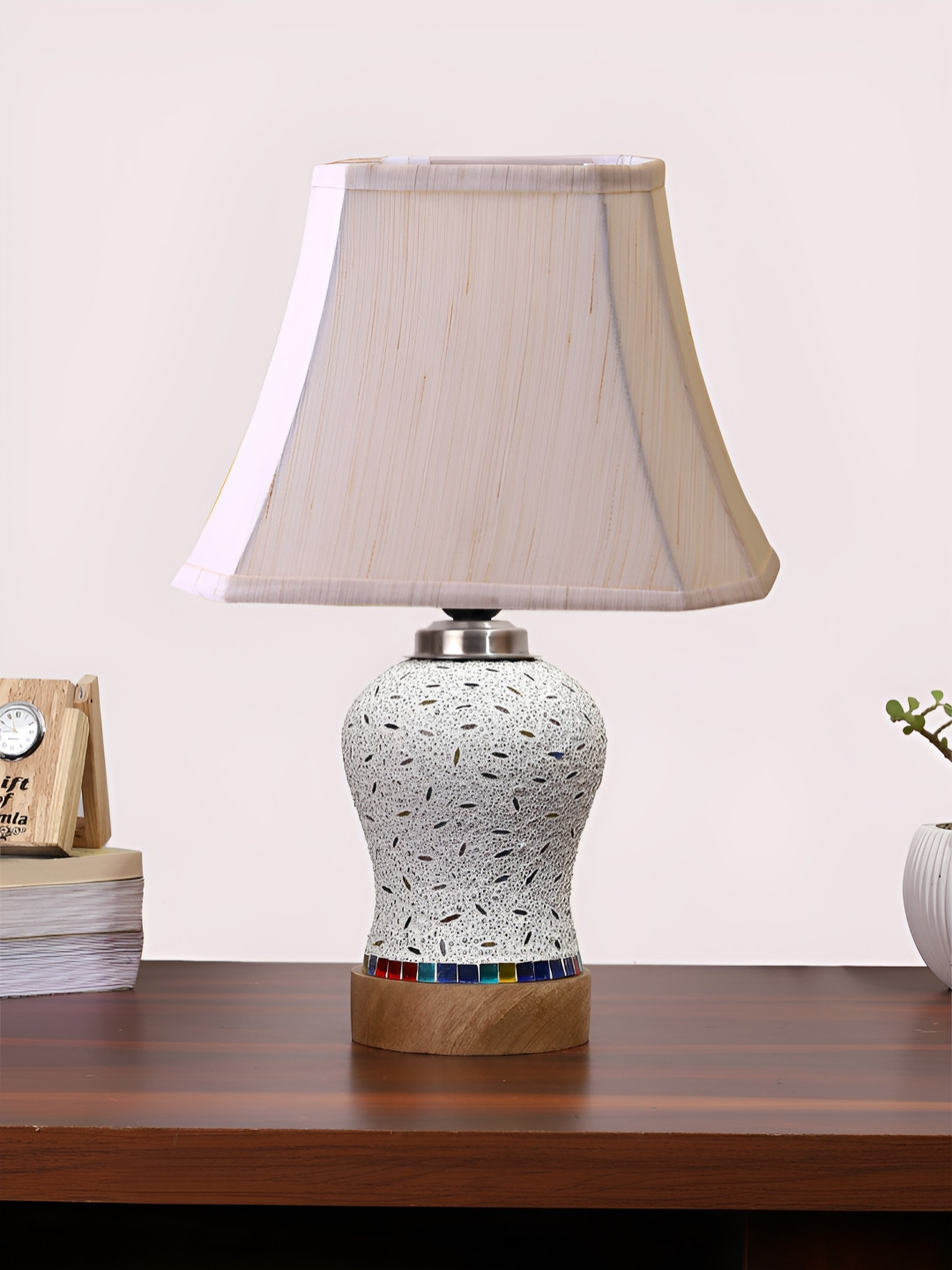 Devansh Off White & Green Printed Wooden Frustum Shaped Table Lamp With Mosaic Glass Base