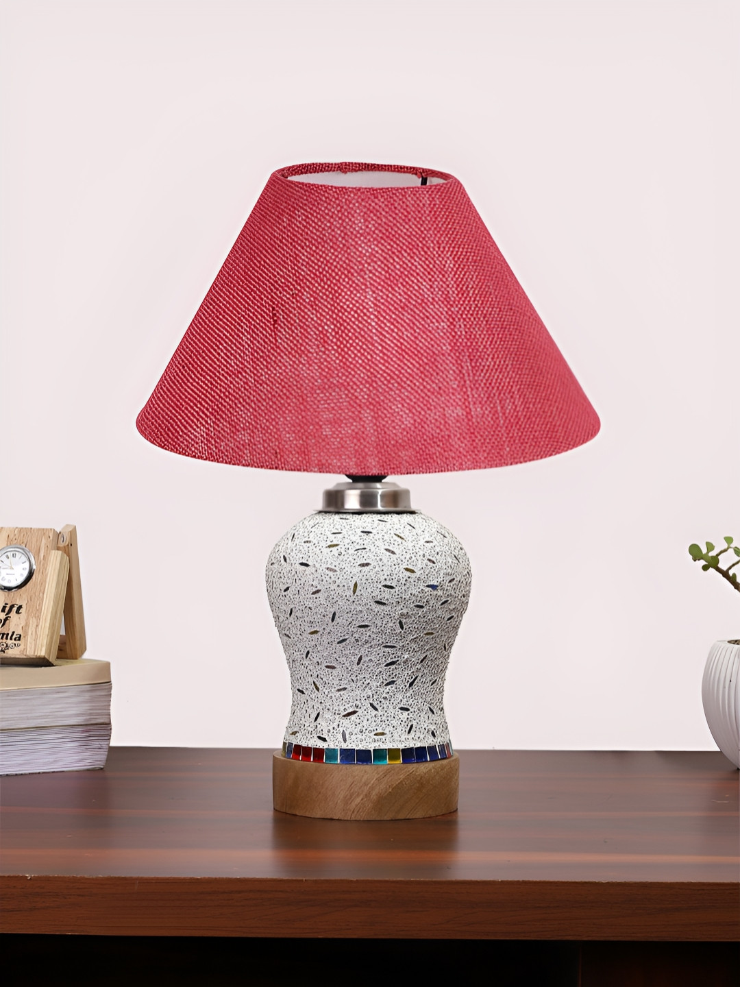 Devansh Pink & White Textured Wooden Frustum Shaped Table Lamp With Mosaic Glass Base