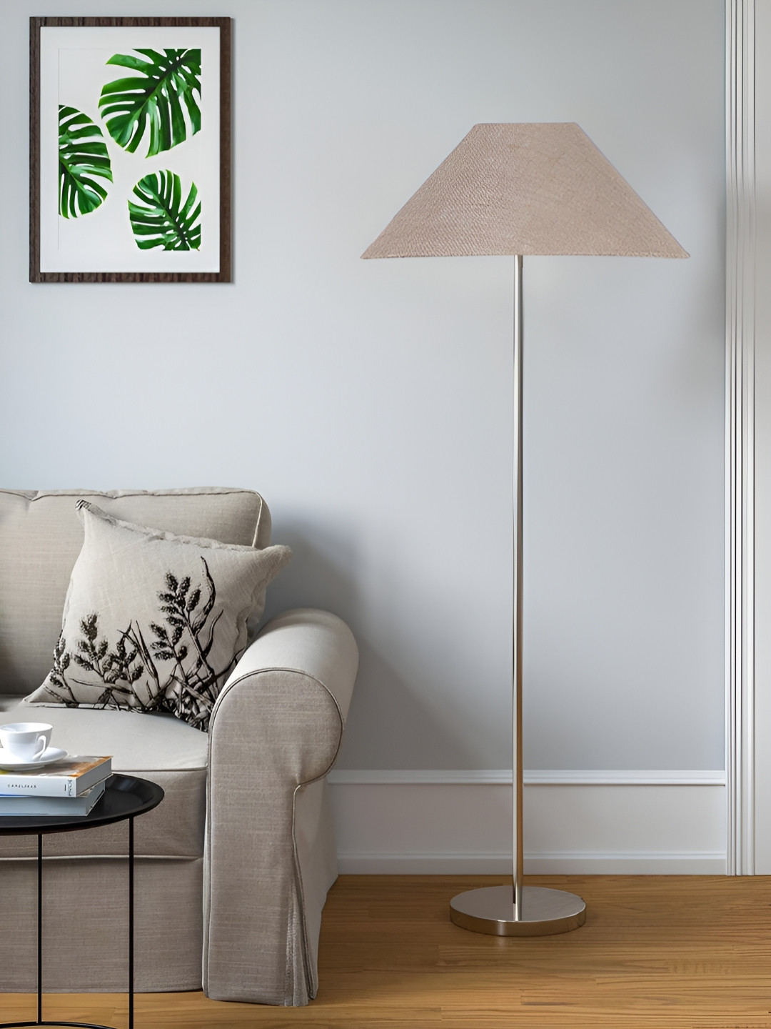 Devansh Beige And Silver-Toned Frustum Steel Base Floor Lamps