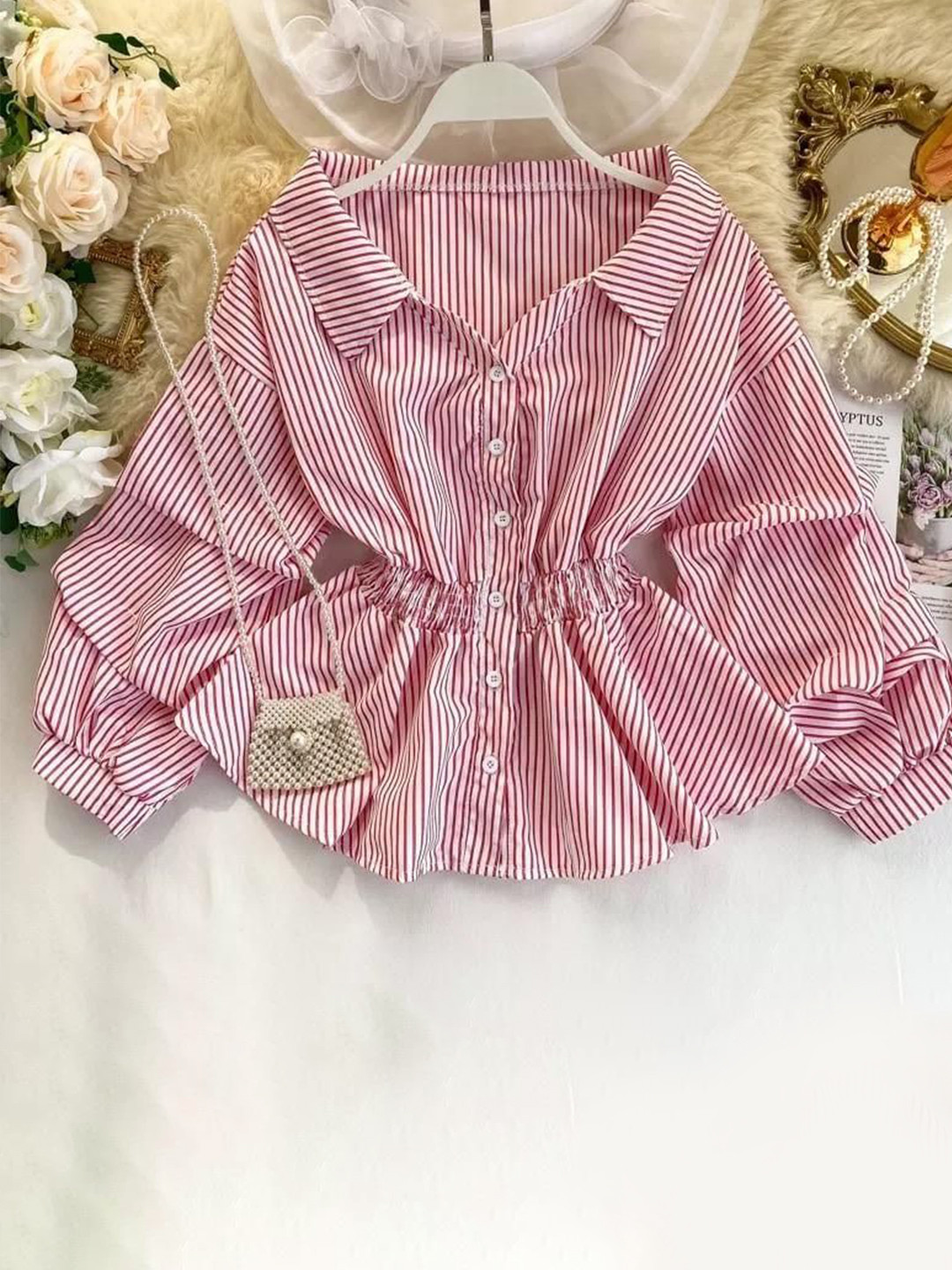 Miss Mosa By Akanksha  Red Donna Striped Shirt Style Top