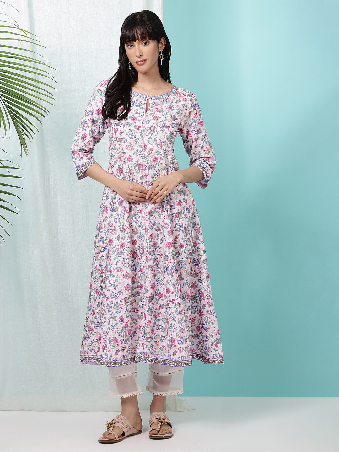 W Woman Pink Floral Glitter Printed Pure Cotton Anarkali Kurta