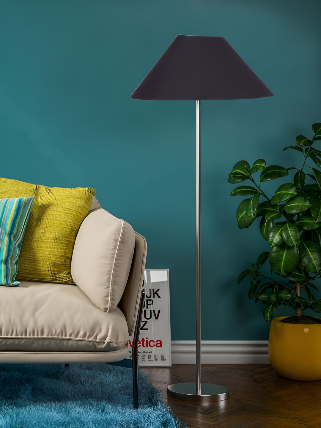 Devansh Black and Silver-Toned  Cotton Coolie Shade Frustum Shaped Floor Lamp