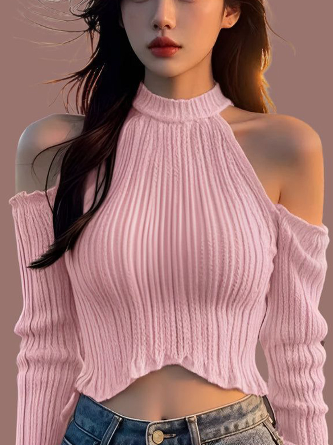 Outzidr Pink Cold Shoulder Flat Knit Top