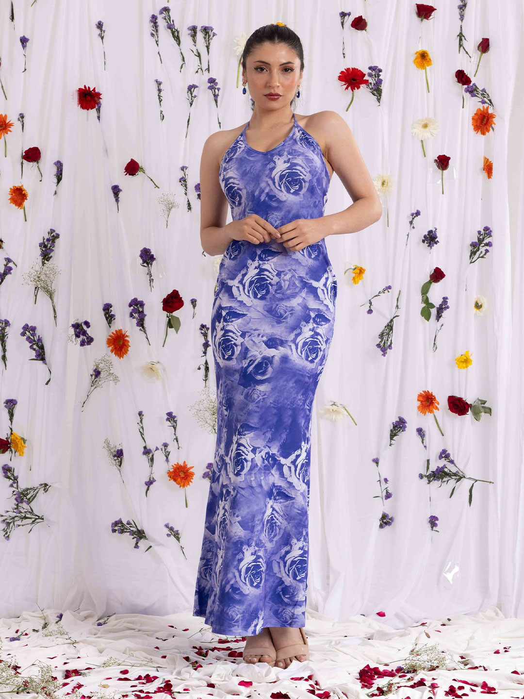 BAESD Women Floral Printed A-Line Halter Neck Maxi Dress