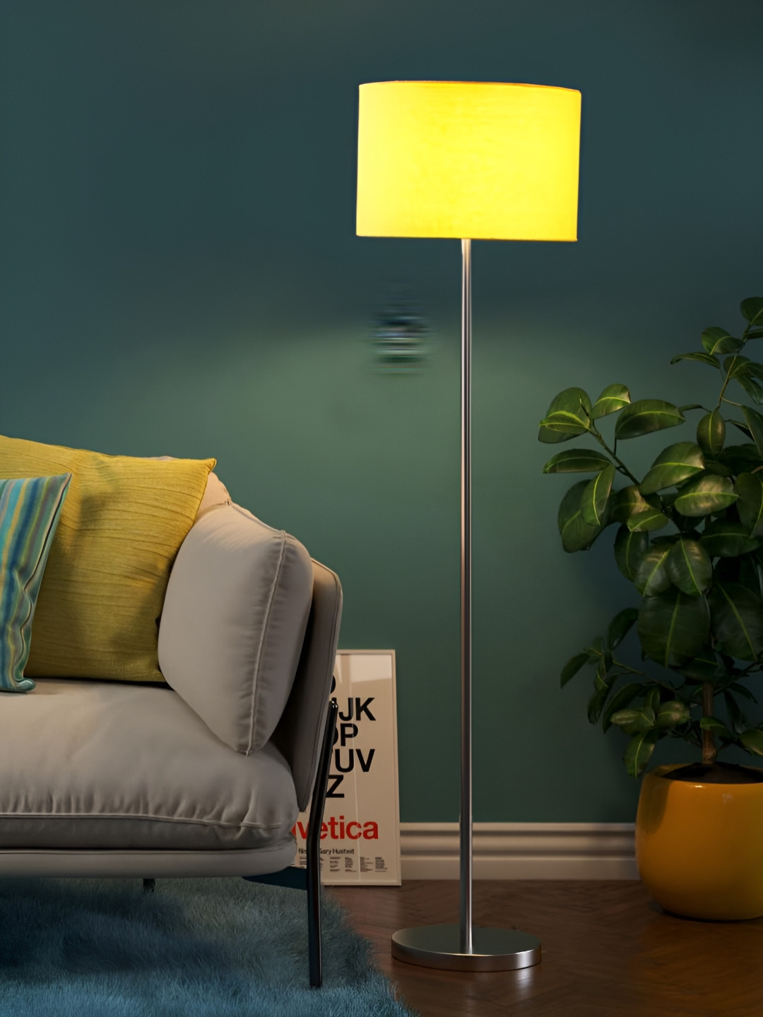 Devansh Yellow And Silver-Toned Cotton Cylindrical Floor Lamps