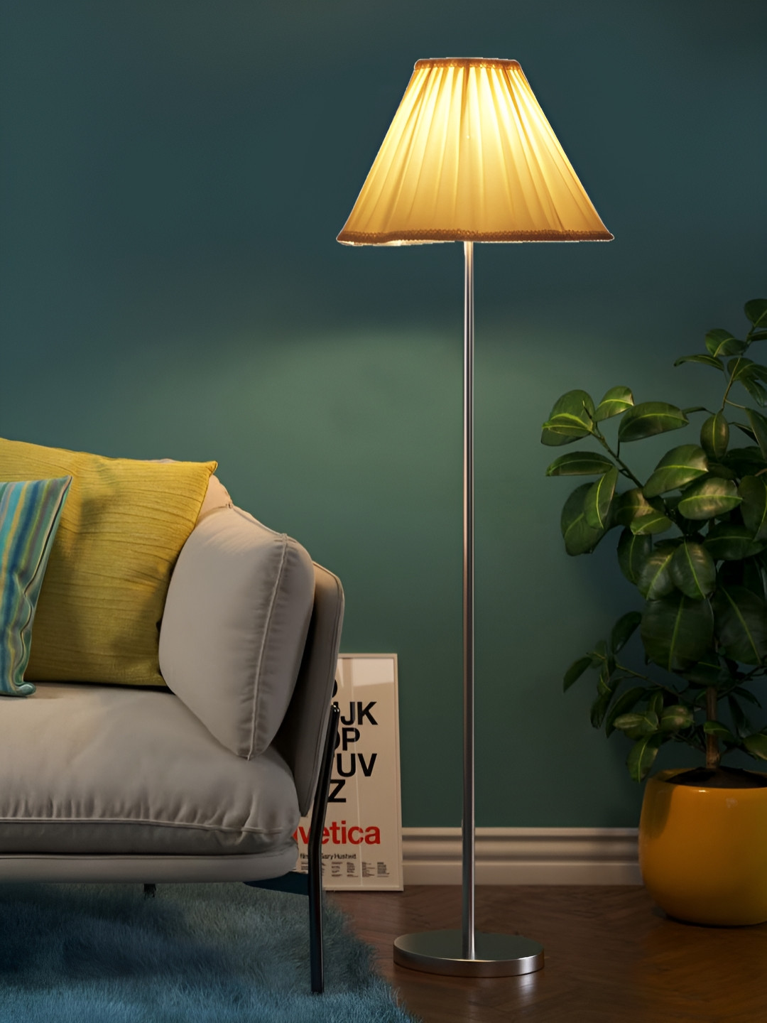 Devansh Off-White And Silver-Toned Textured Frustum Steel Base Vintage Floor Lamps