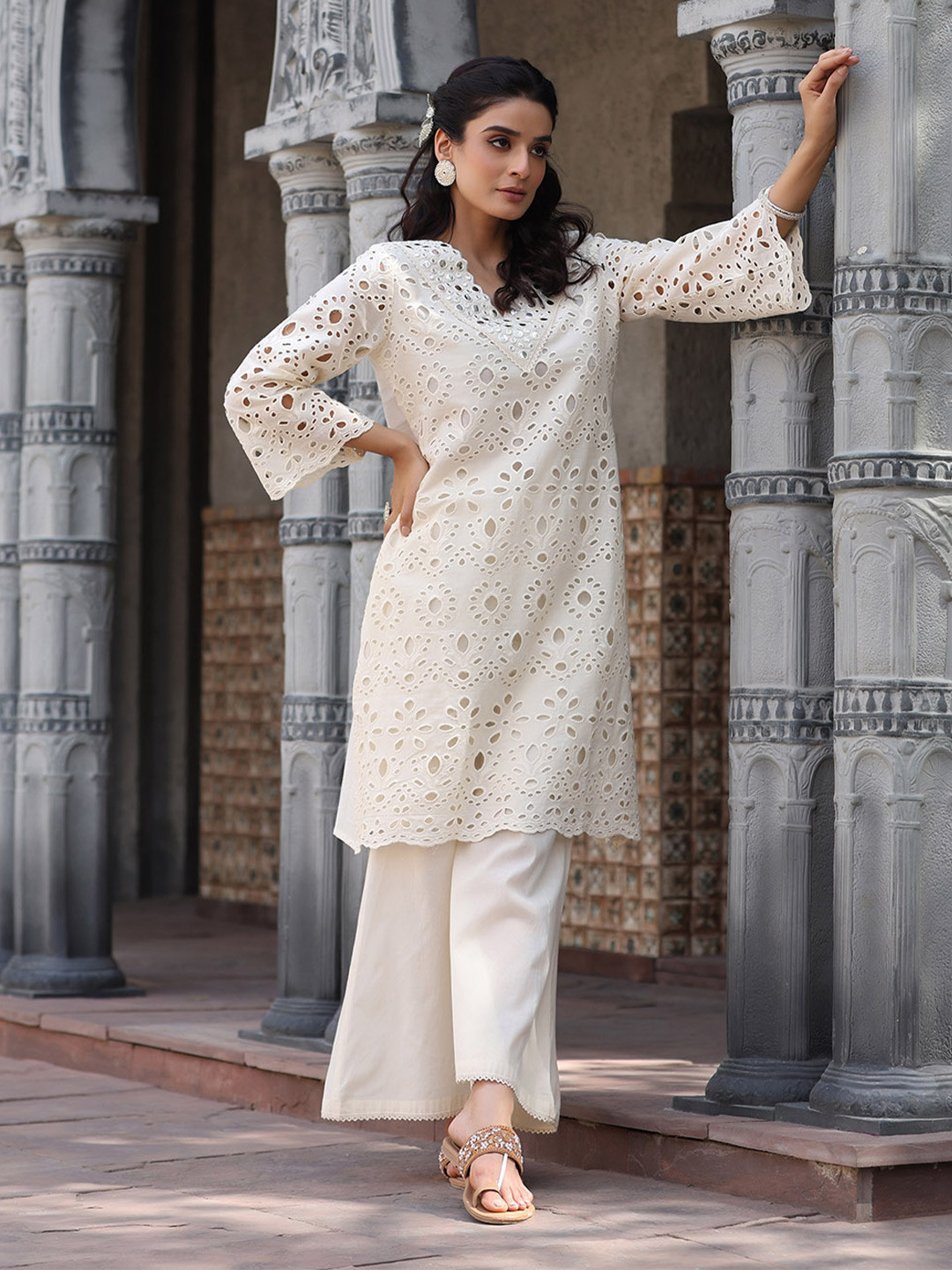 all about you Self Design Mirror Work Pure Cotton Kurta With Trousers
