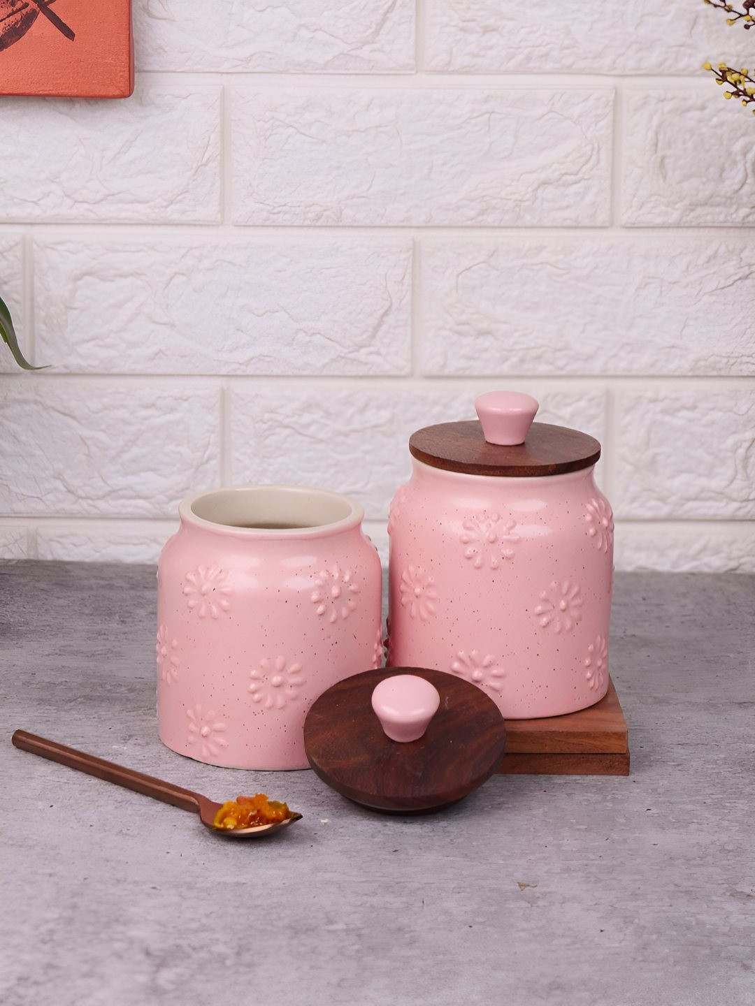 VarEesha Rangmahal 2 Piece Pink Ceramic Dishwasher and Microwave Safe Canister Container