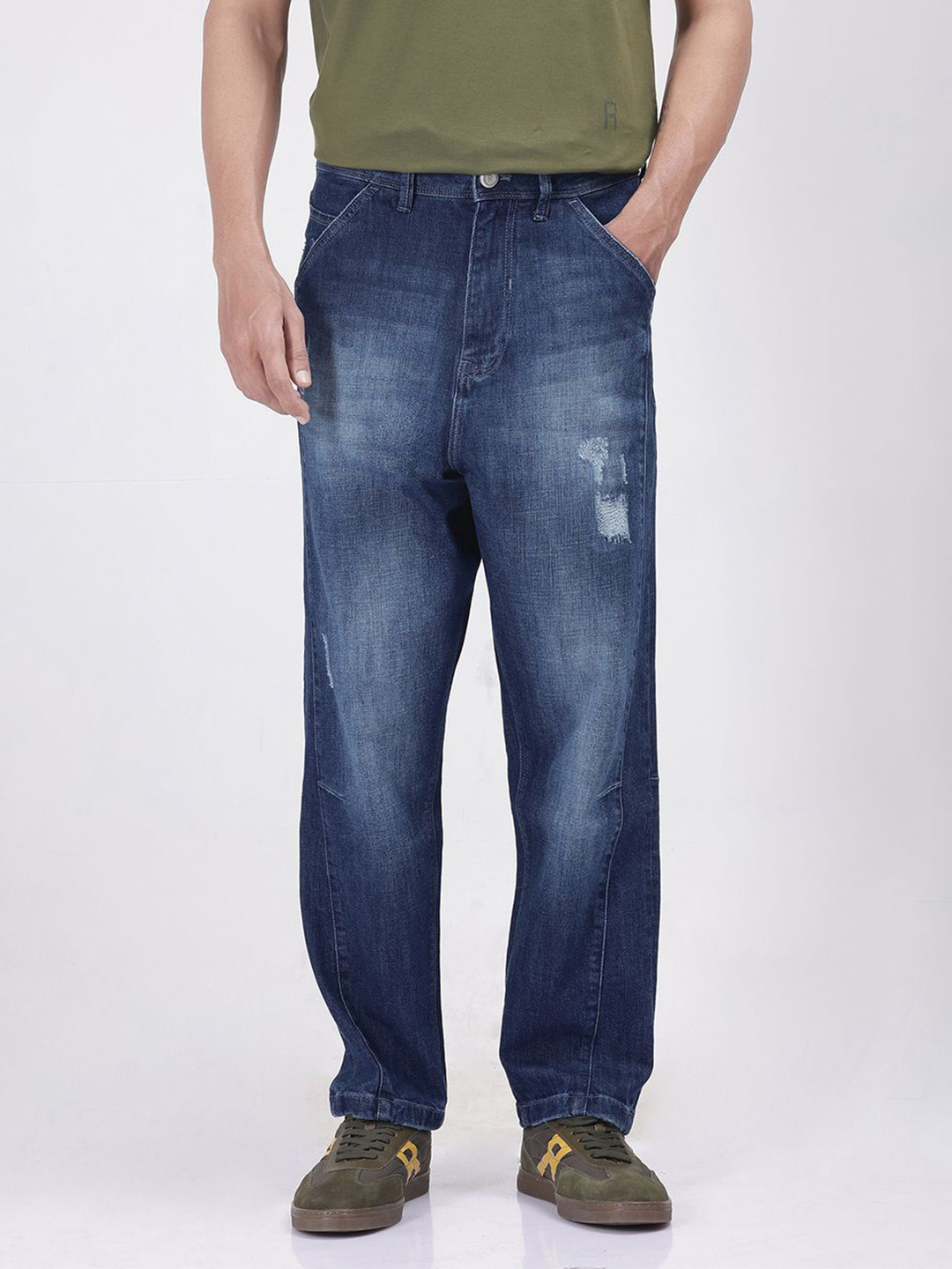 RARE RABBIT Korb Men Heavy Fade Mid-Rise Low Distress Stretchable Baggy Fit Jeans