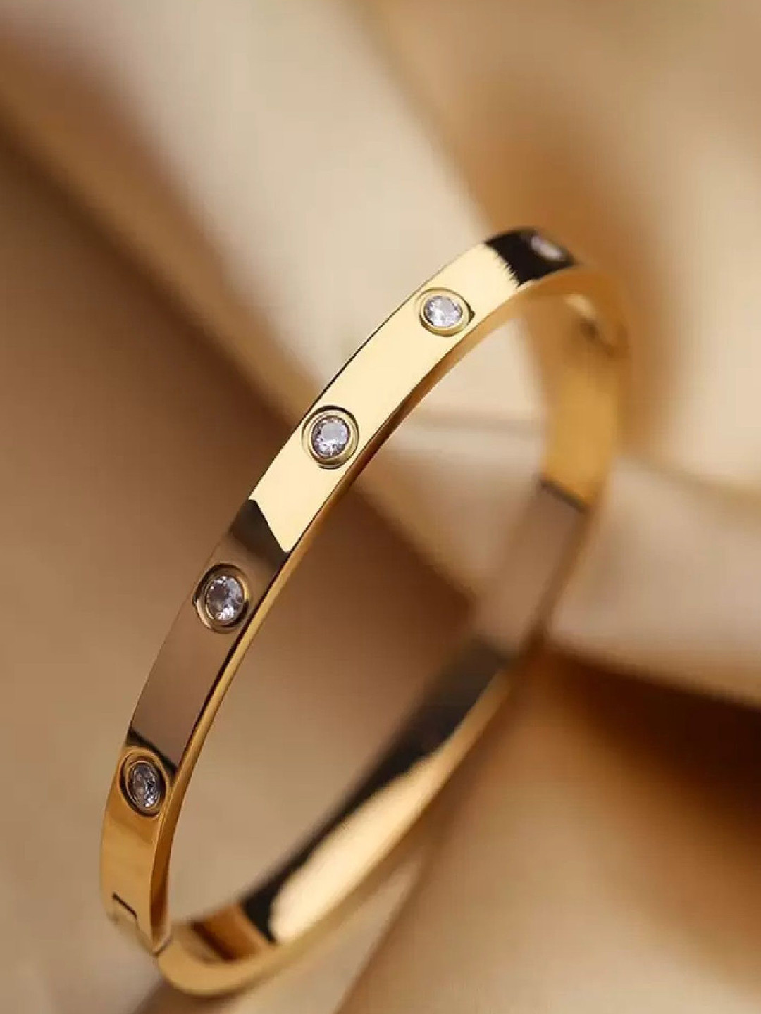 Crazy Fashion Gold-Plated Stainless Steel Cubic Zirconia Kada Bracelet