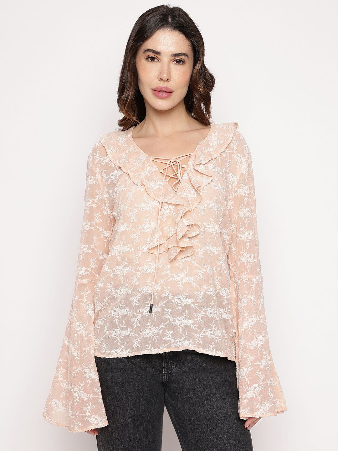 GUESS Floral Embroidered Bell Sleeve Cotton Top