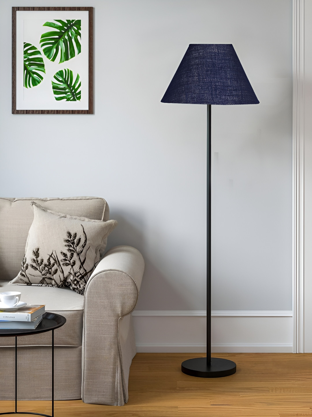 Devansh Blue & Black Frustum Shape Wood Base Floor Lamp