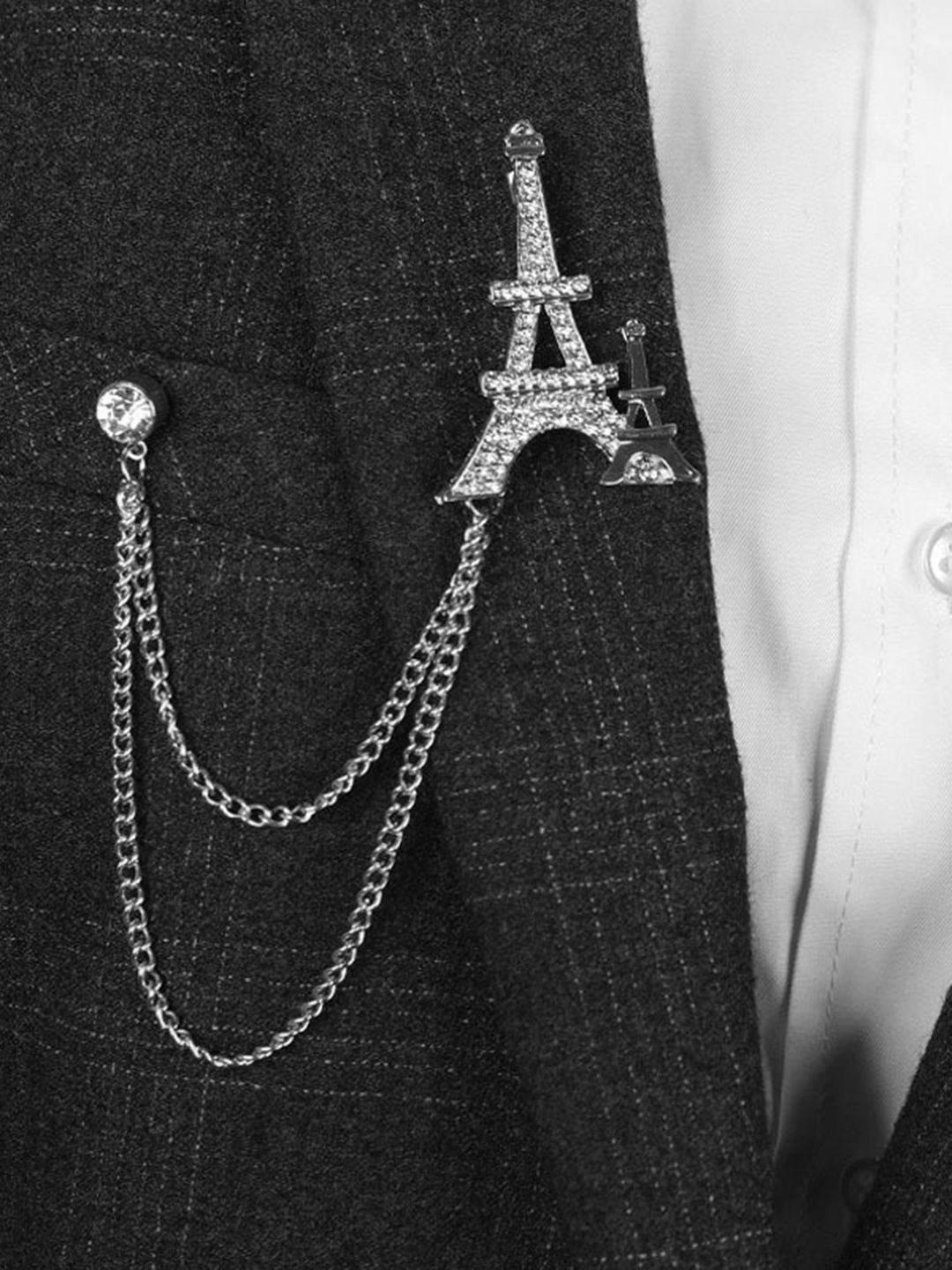 Peora Silver-Plated CZ Studded Eiffel Tower Double Chain Pin Brooch