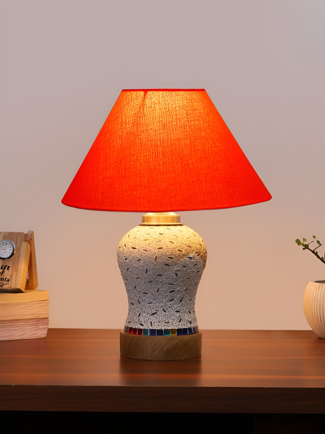 Devansh Orange Textured Wooden Frustum Shaped Table Lamp With Mosaic Glass Base