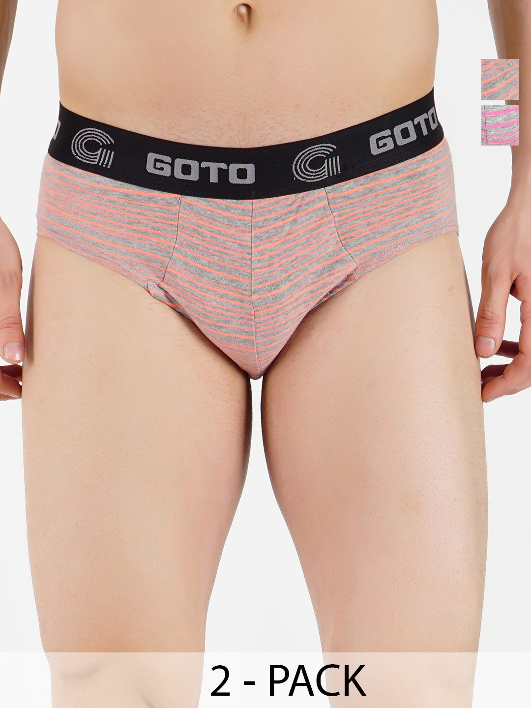 GOTO Men Pack Of 2 Striped Basic Briefs - COTTON BLEND STRIP OUT EL Orange Red
