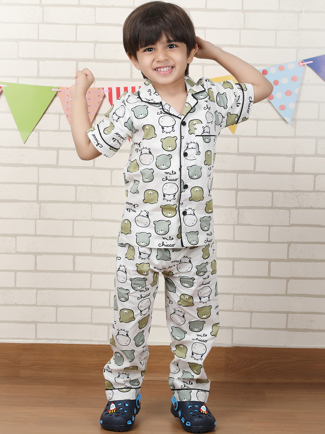 Polka Tots Boy Printed Lapel Collar Short Sleeves Pure Cotton Night suit