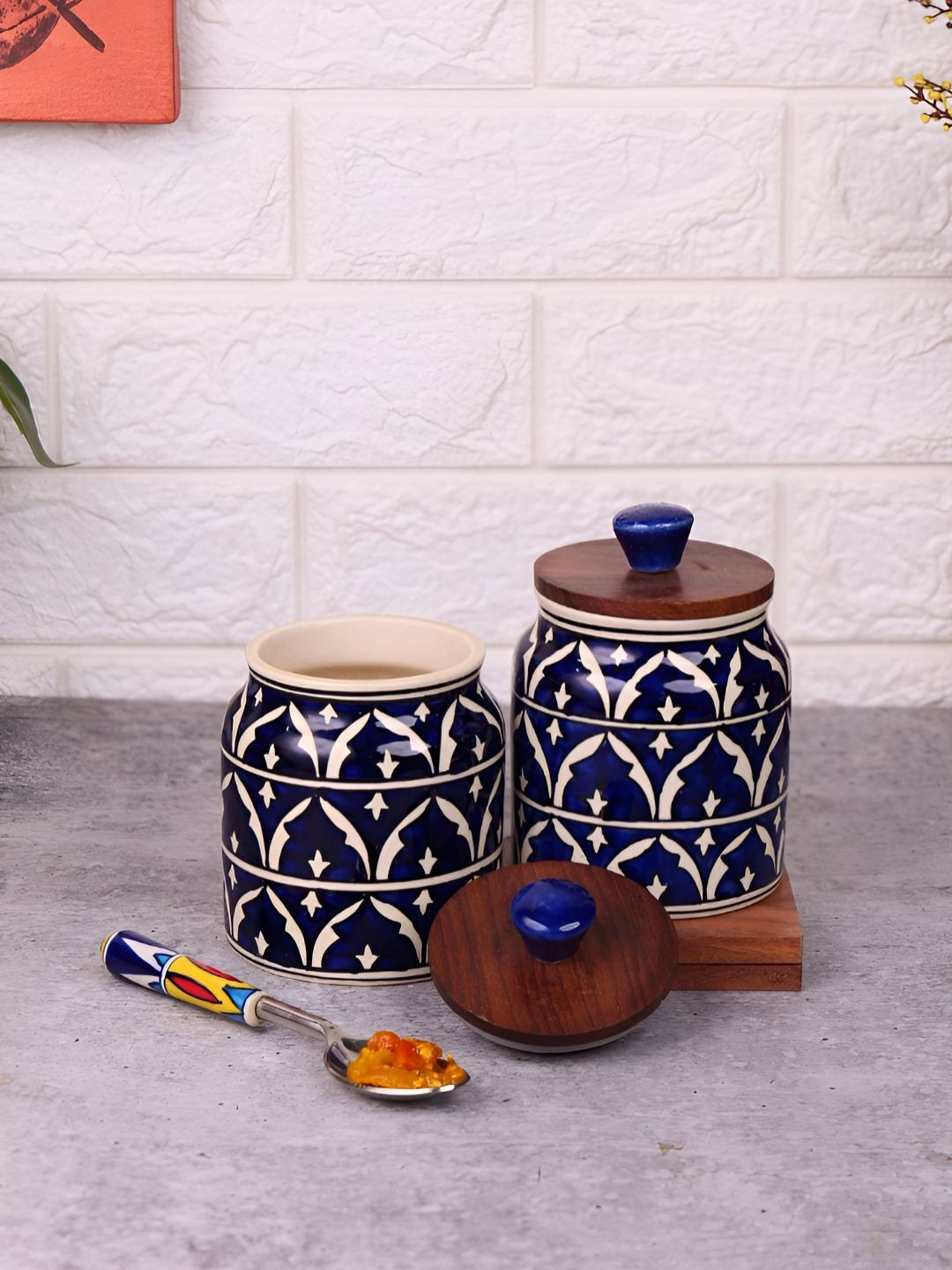 Vareesha Rangmahal Blue Floral Ceramic Hand-Painted 2 Piece Clip-On Canister-500ml