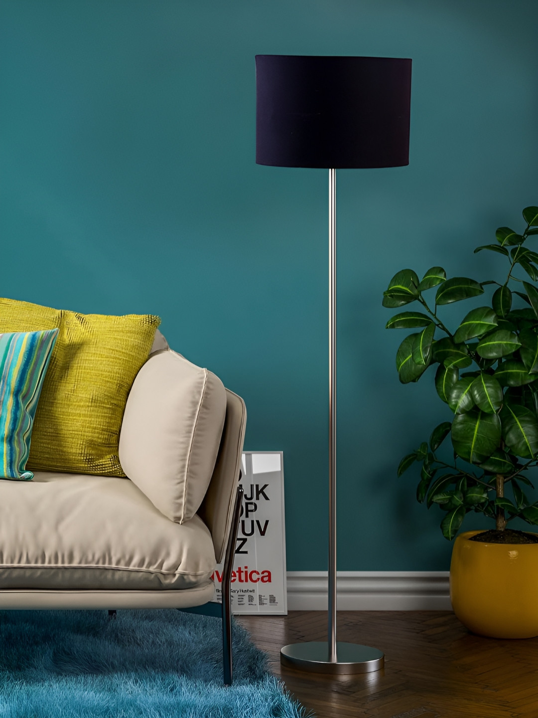 Devansh Black and Silver-Toned Cylindrical Shaped Floor Lamps