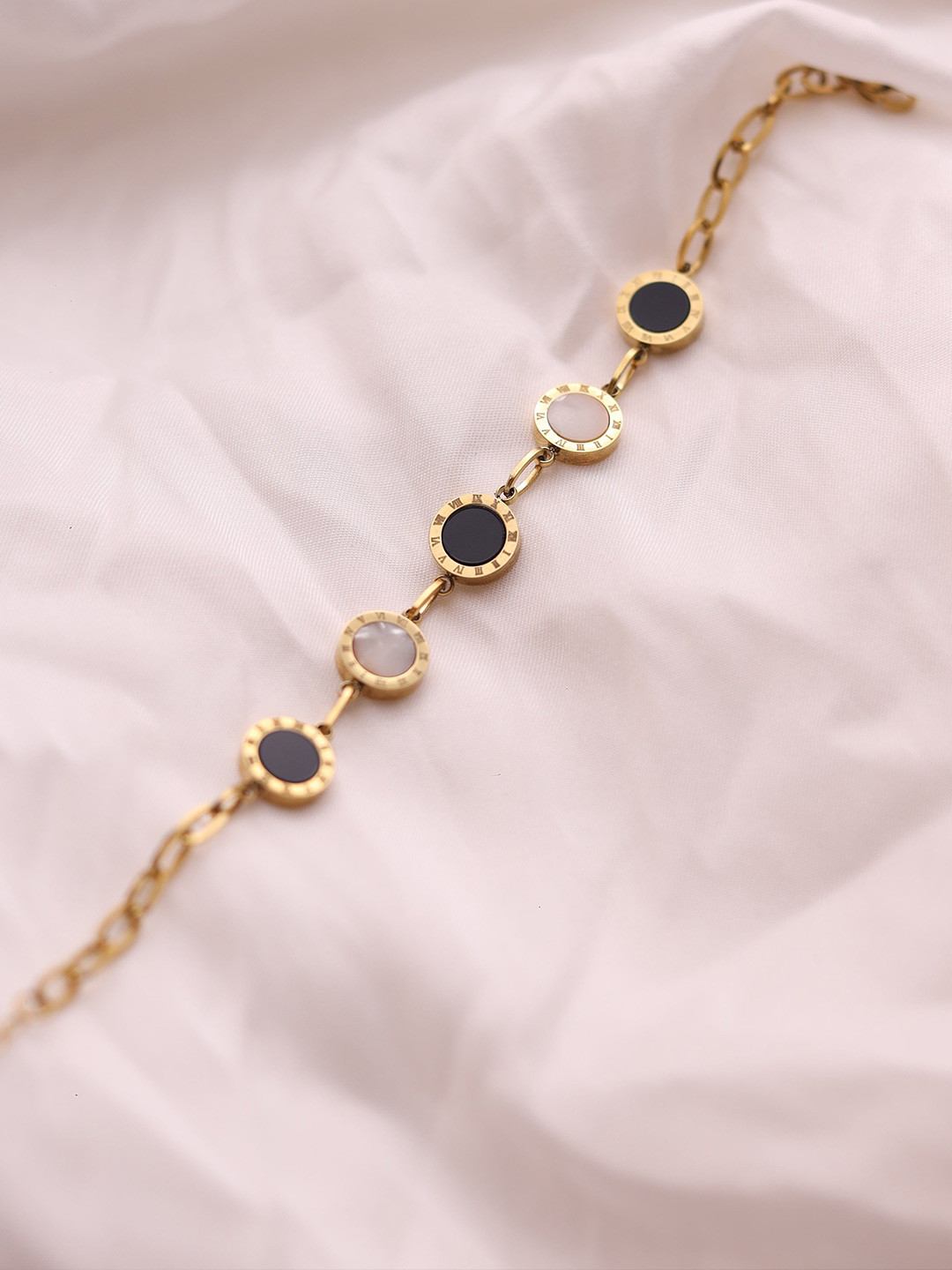 Ishil Gold-Plated Artificial Stones Studded Luna Coin Link Bracelet