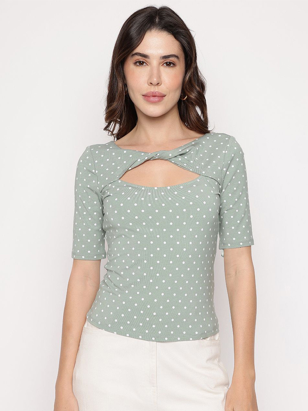 GUESS Polka Dot Print Keyhole Neck Cotton Top