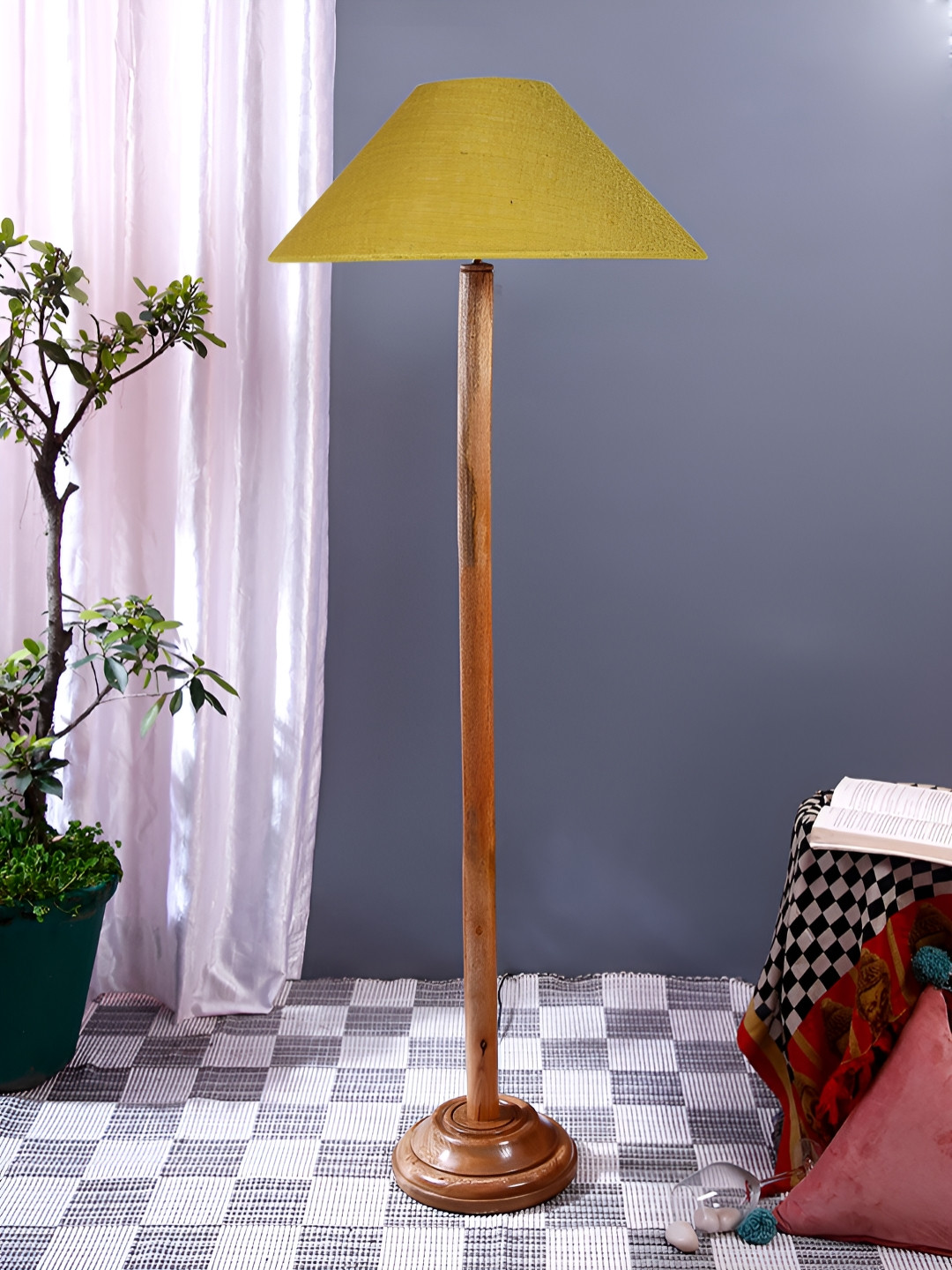 Devansh Yellow & Brown Jute Shade With Wooden Base Frustum Floor Lamps