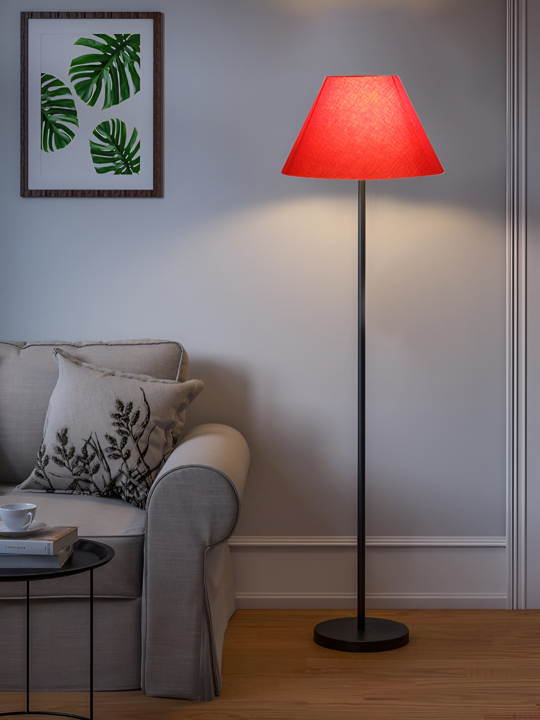 Devansh Orange & Black Cotton Conical Shade Wood Base Floor Lamps