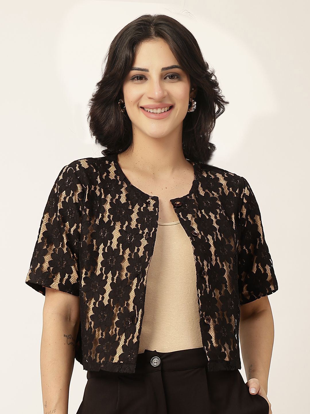 Style Quotient Self Design Open Front Short Sleeves Shrug