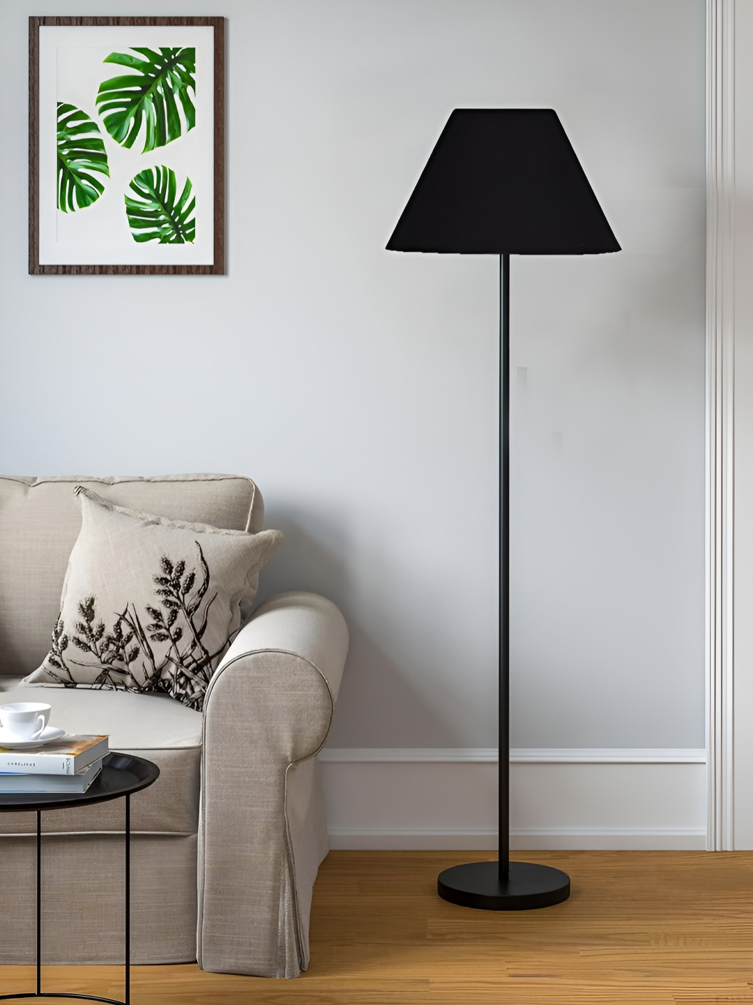 Devansh Black Cotton Conical Shade Wood Base Floor Lamps