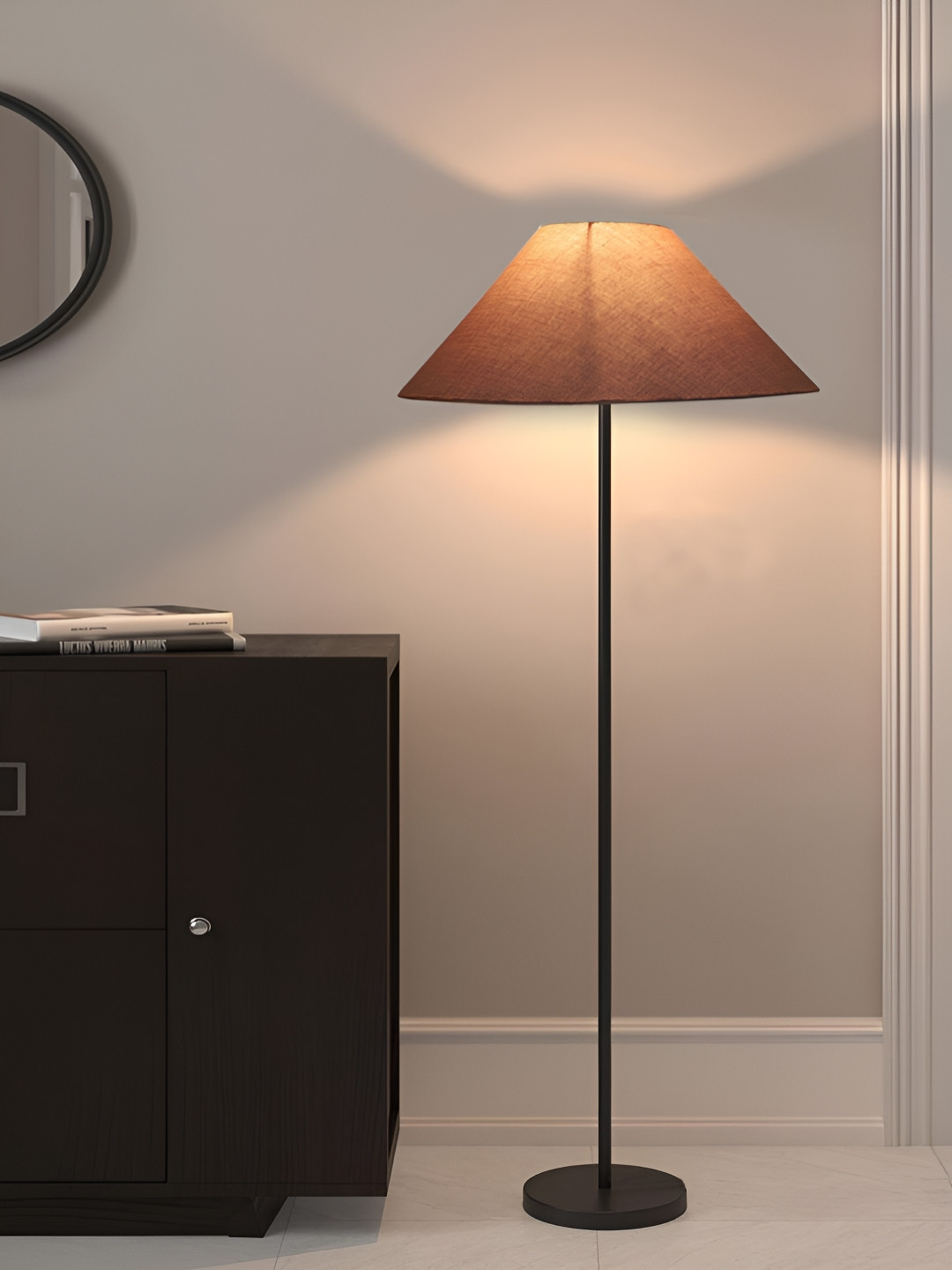 Devansh Grey And Black Coolie Shade Frustum With Wood Base Floor Lamp