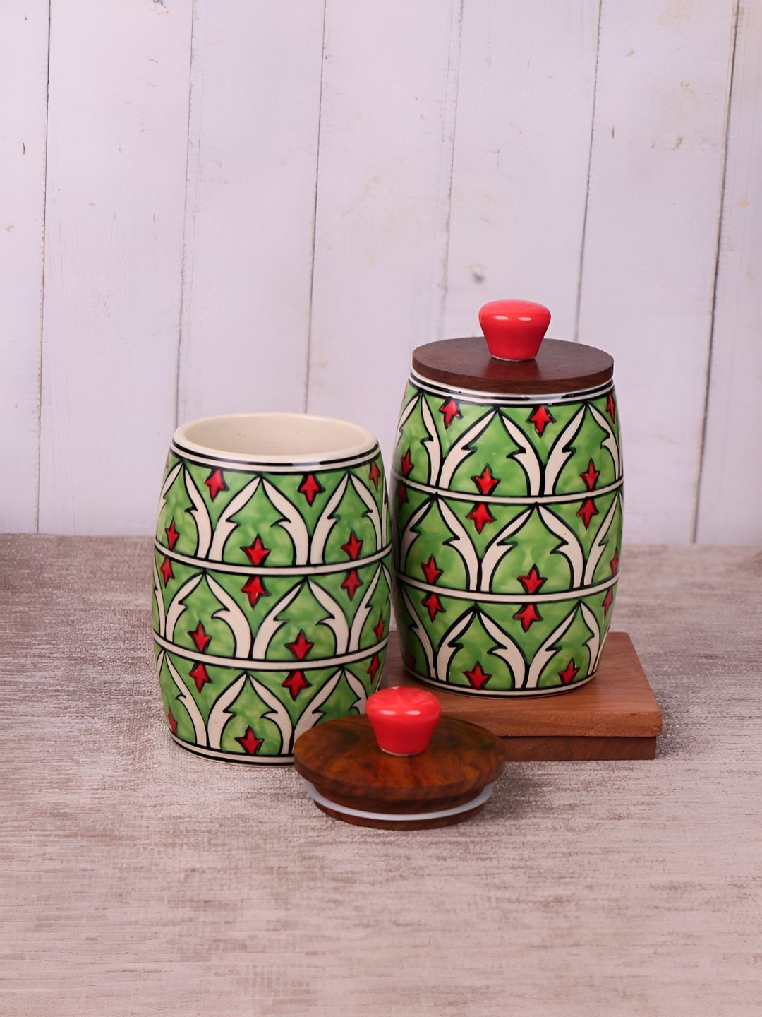 Vareesha Rangmahal Green Typography Ceramic Dishwasher Safe 2 Piece Clip-On Canister-550ml