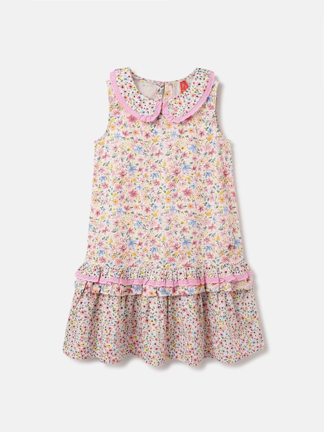 Blue Giraffe Girls Floral Print Peter Pan Collar Flounce Hem Drop-Waist Dress