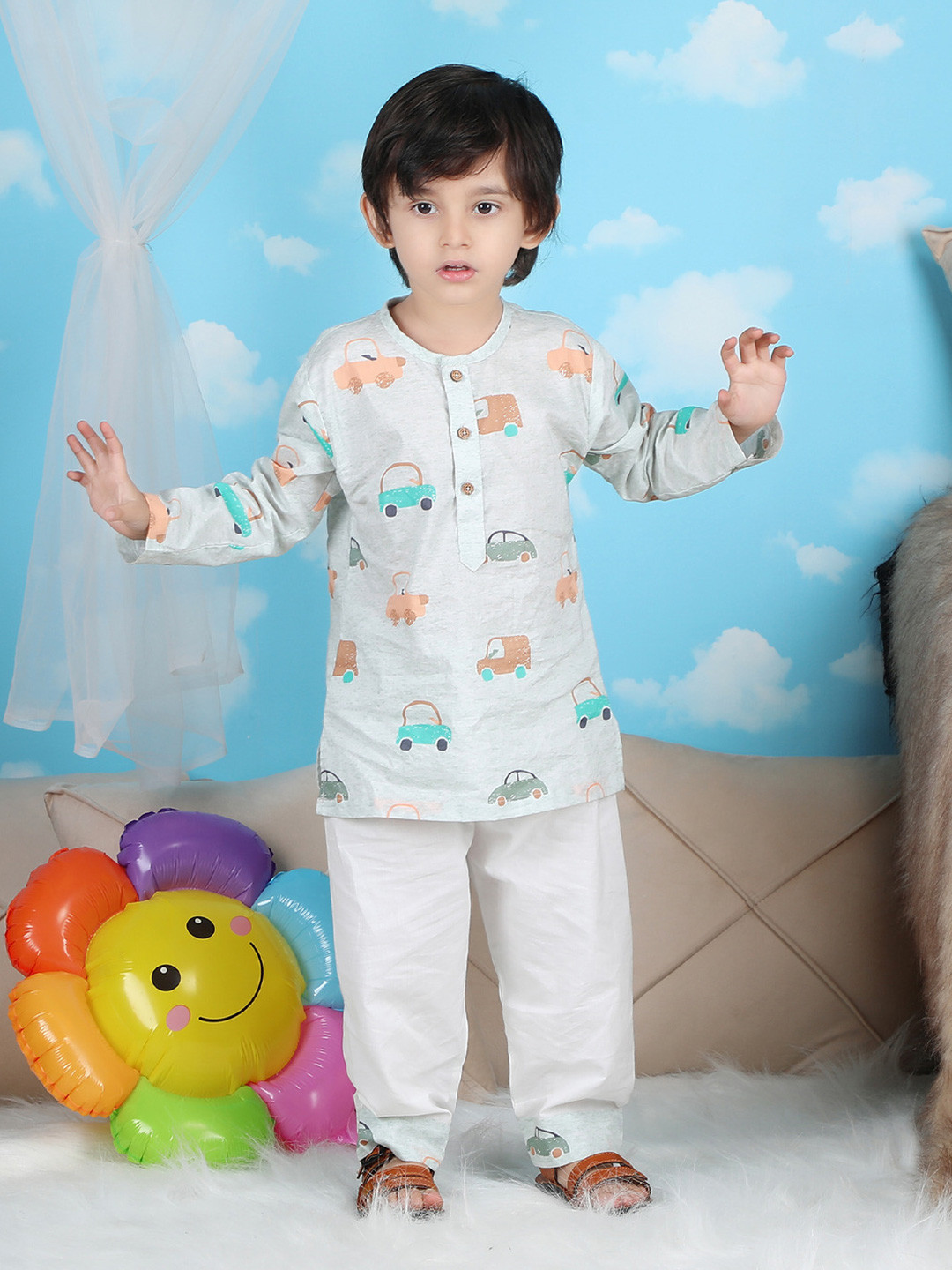 Polka Tots Boys Car Printed Pure Cotton Straight Kurta with Trouser