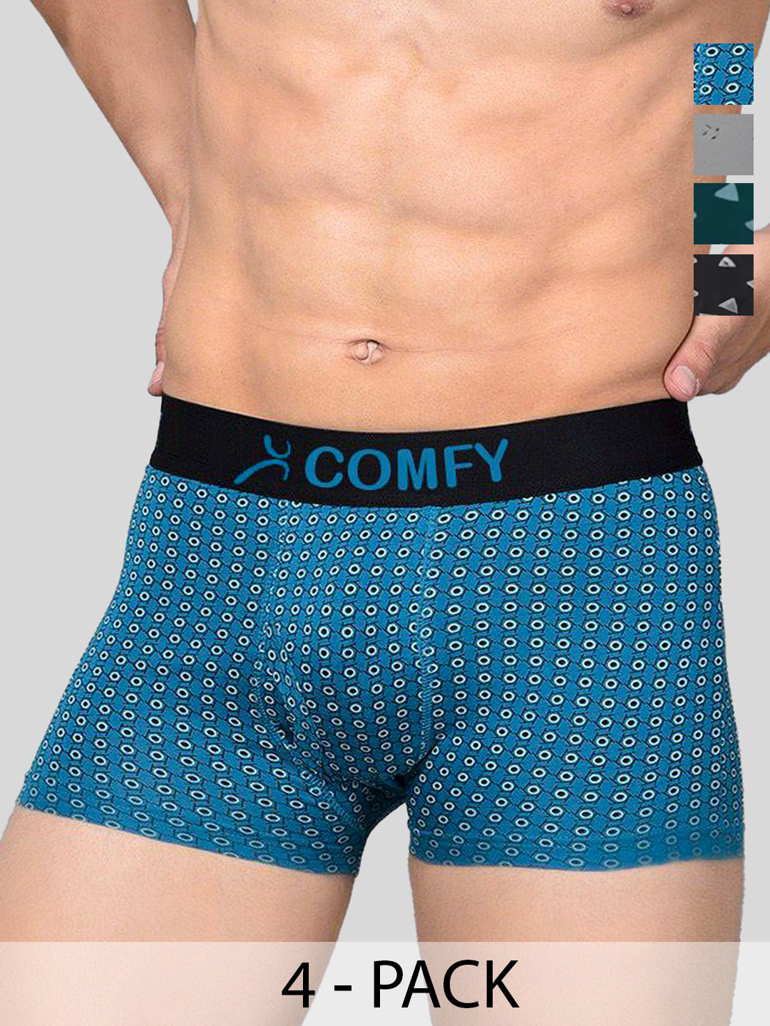 AMUL COMFY Men Pack Of 4 Printed Breathable Trunks ACM101BTRNK-BL-GY-BK-PB-95-PO4