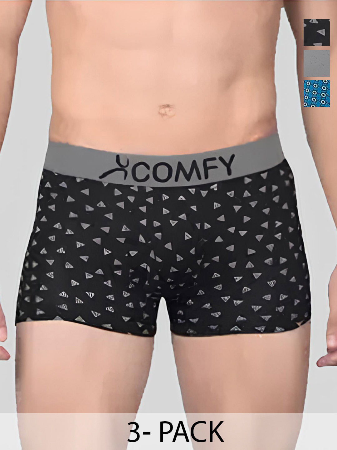 AMUL COMFY Pack Of 3 Printed Breathable Trunks-ACM101BTRNK-PB-GY-BK-75-PO3