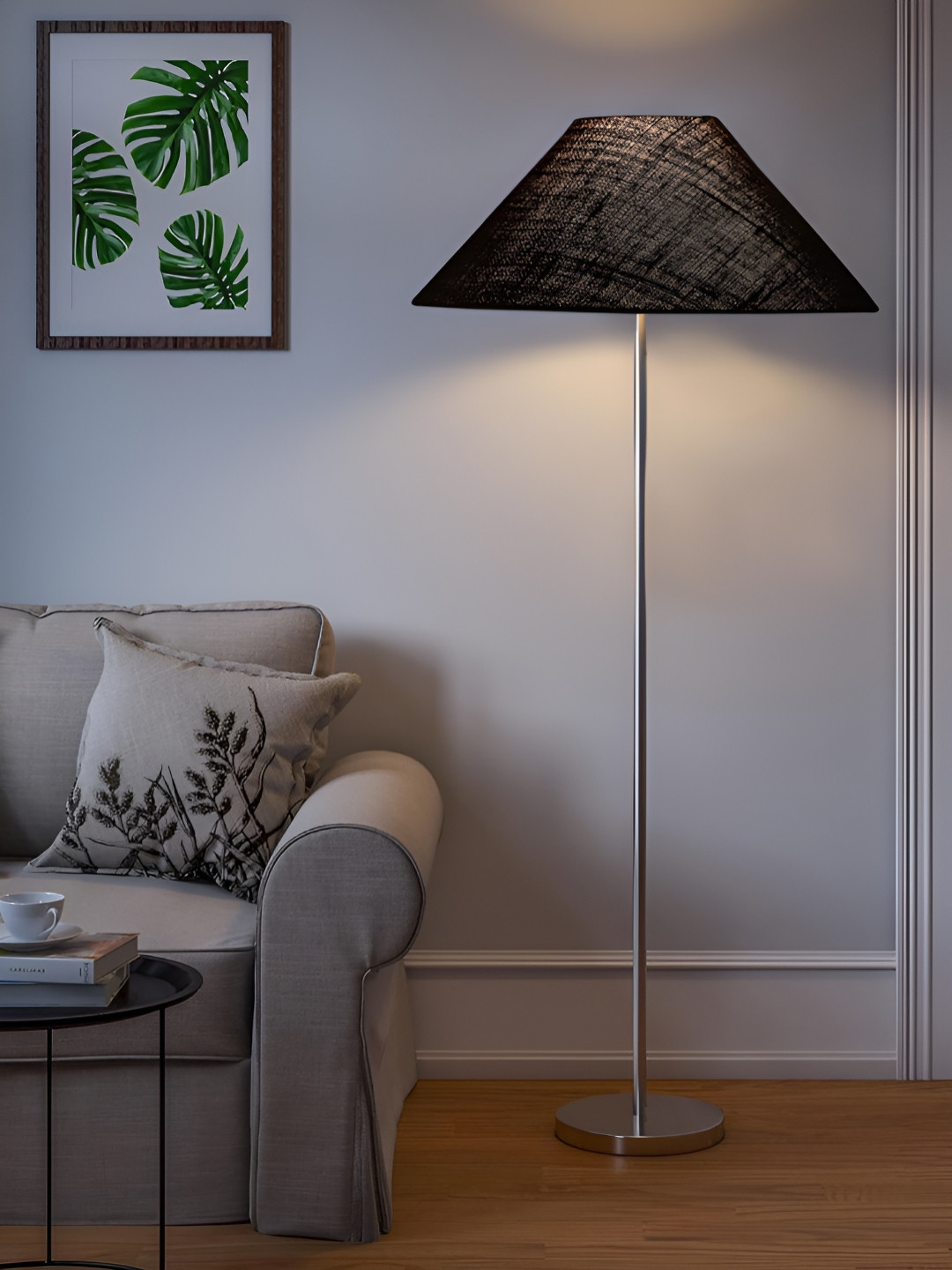 Devansh Black and Silver-Toned Frustum Shaped Coolie Shade Floor Lamp