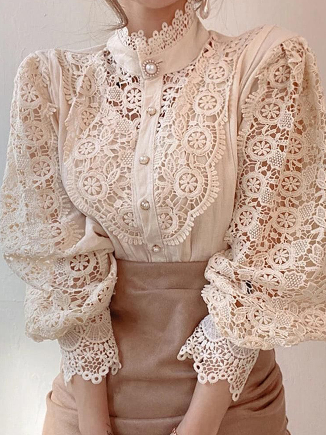 Miss Mosa By Akanksha  Women Floral Puff Sleeve Luxury Lace Crop Top