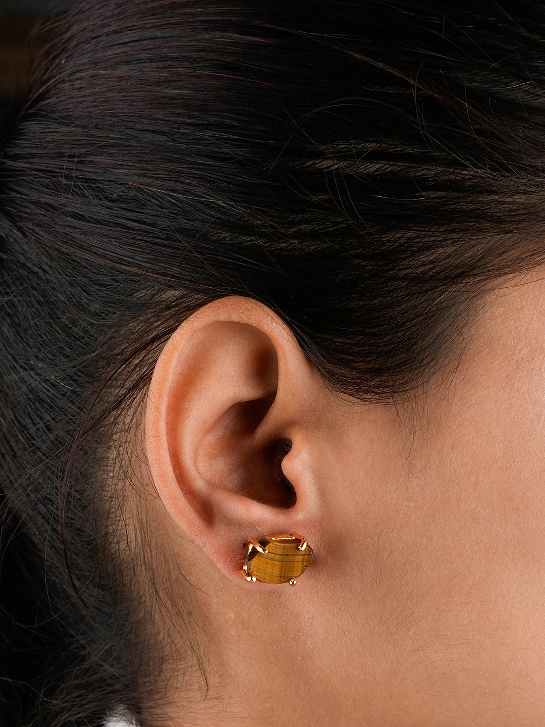 TOTAPARI Gold Plated Tigers Eye Contemporary Studs Earrings
