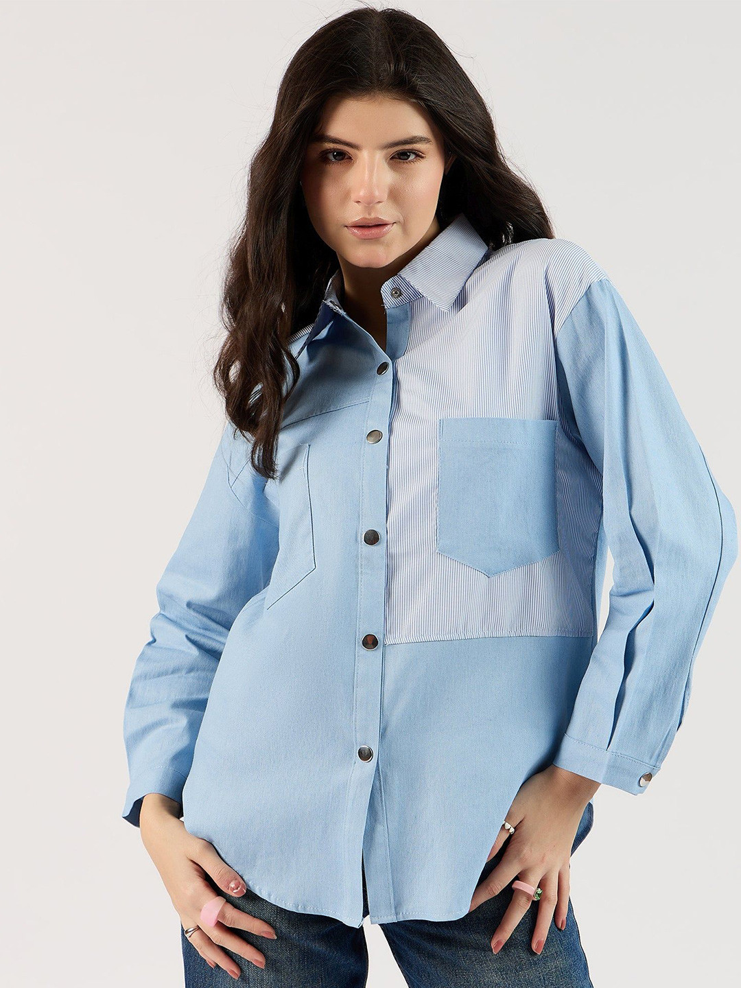 Outzidr Women Oversized Denim Shirt