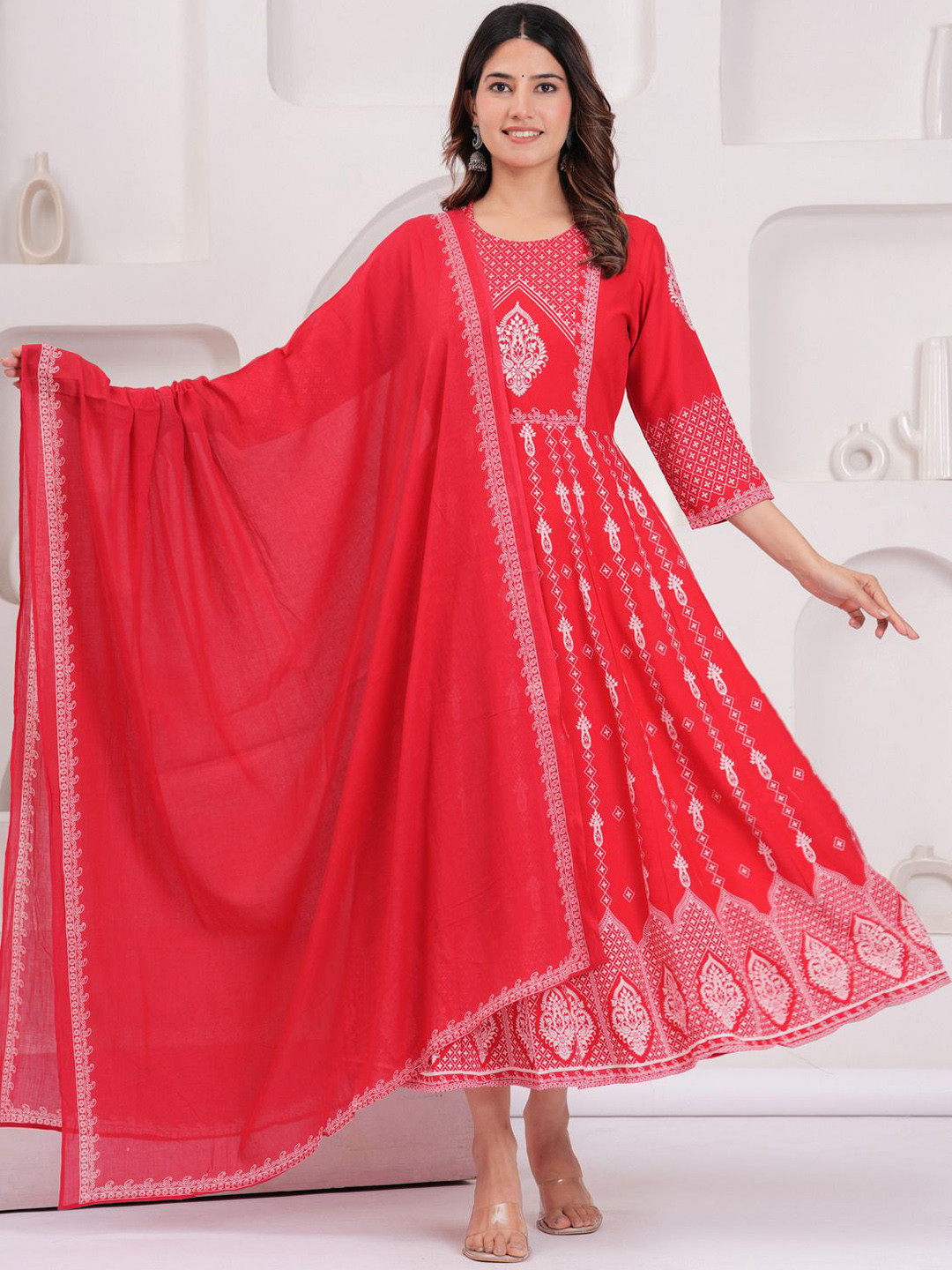 Sarai Ethnic Motifs Printed Round Neck Anarkali Kurta With Dupatta