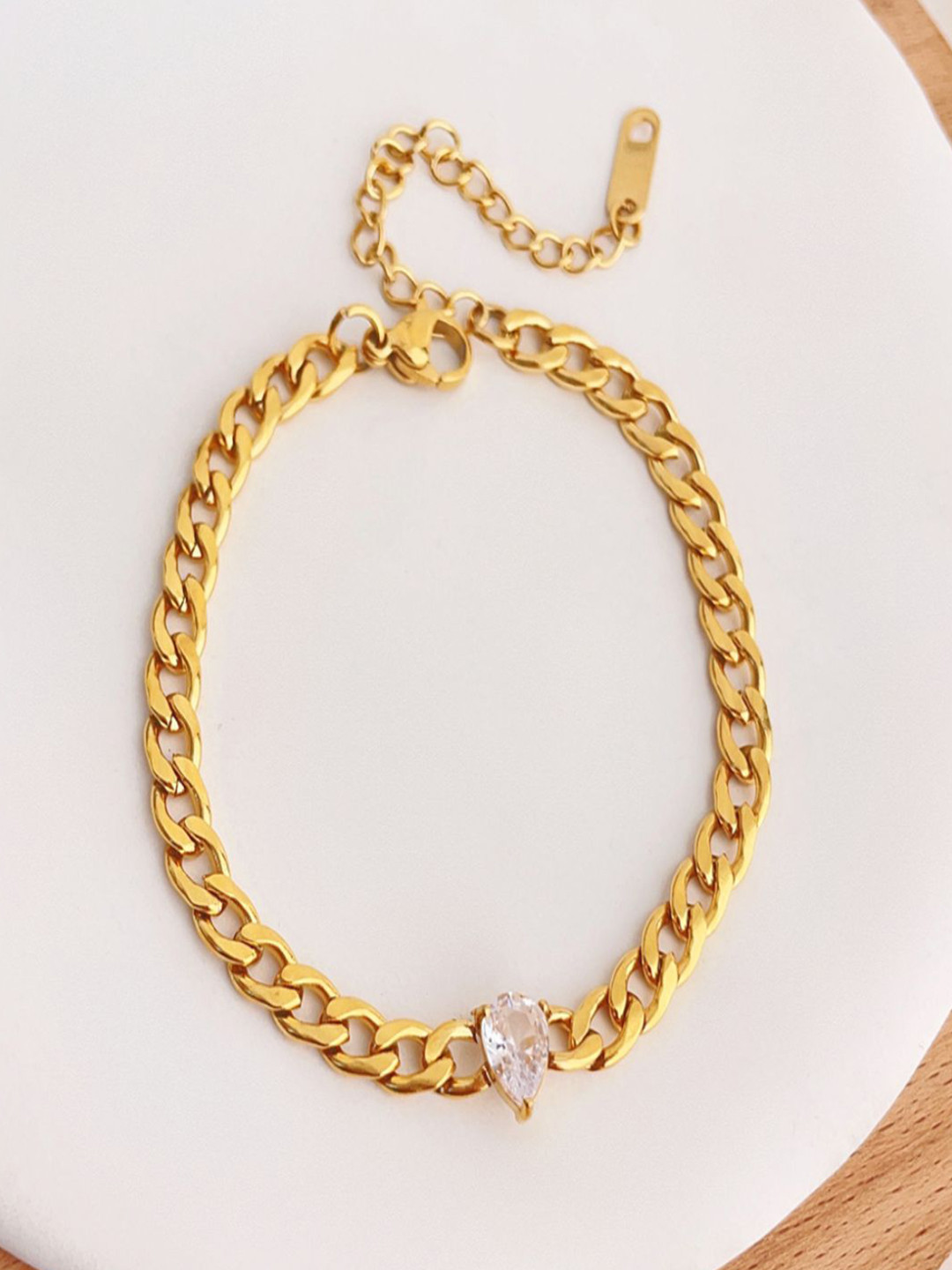 AQUASTREET 18K Gold Plated Waterproof Anti-Tarnish Tear Drop Stone Chain Link Bracelet