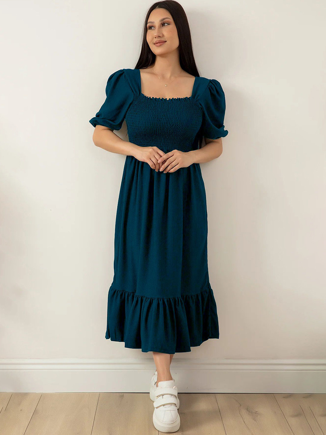 De La Moda Puff Sleeve Crepe Fit & Flare Midi Dress