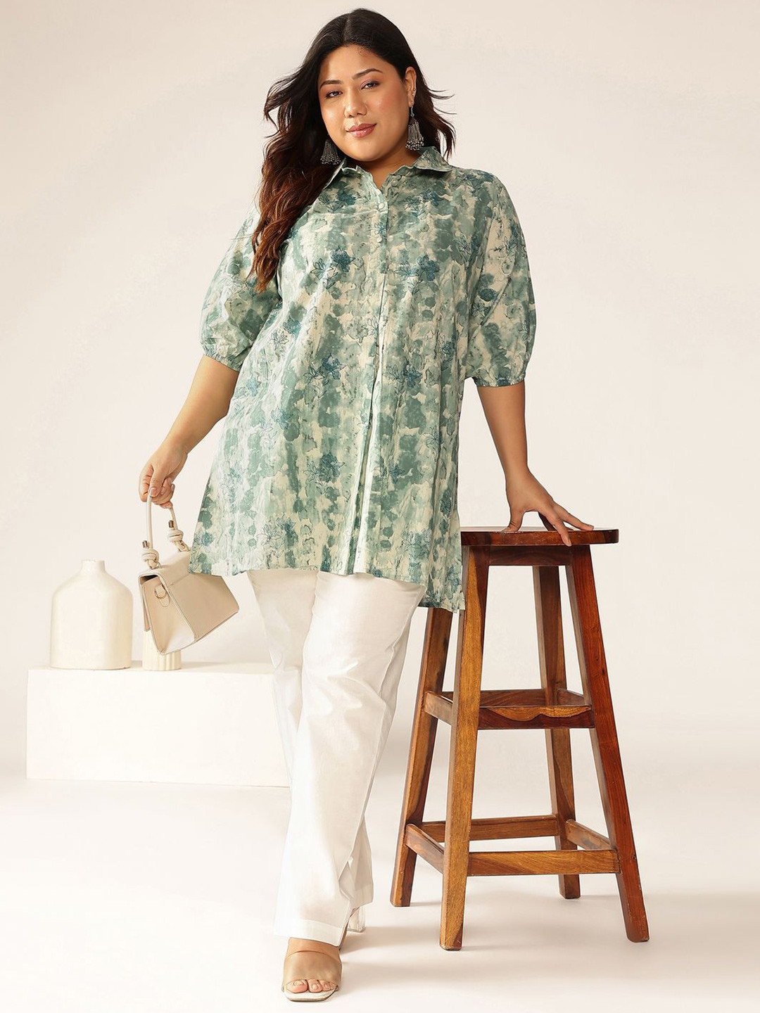 Janasya Women's Plus Size Aqua Pure Cotton Tie & Dye A-line Tunic