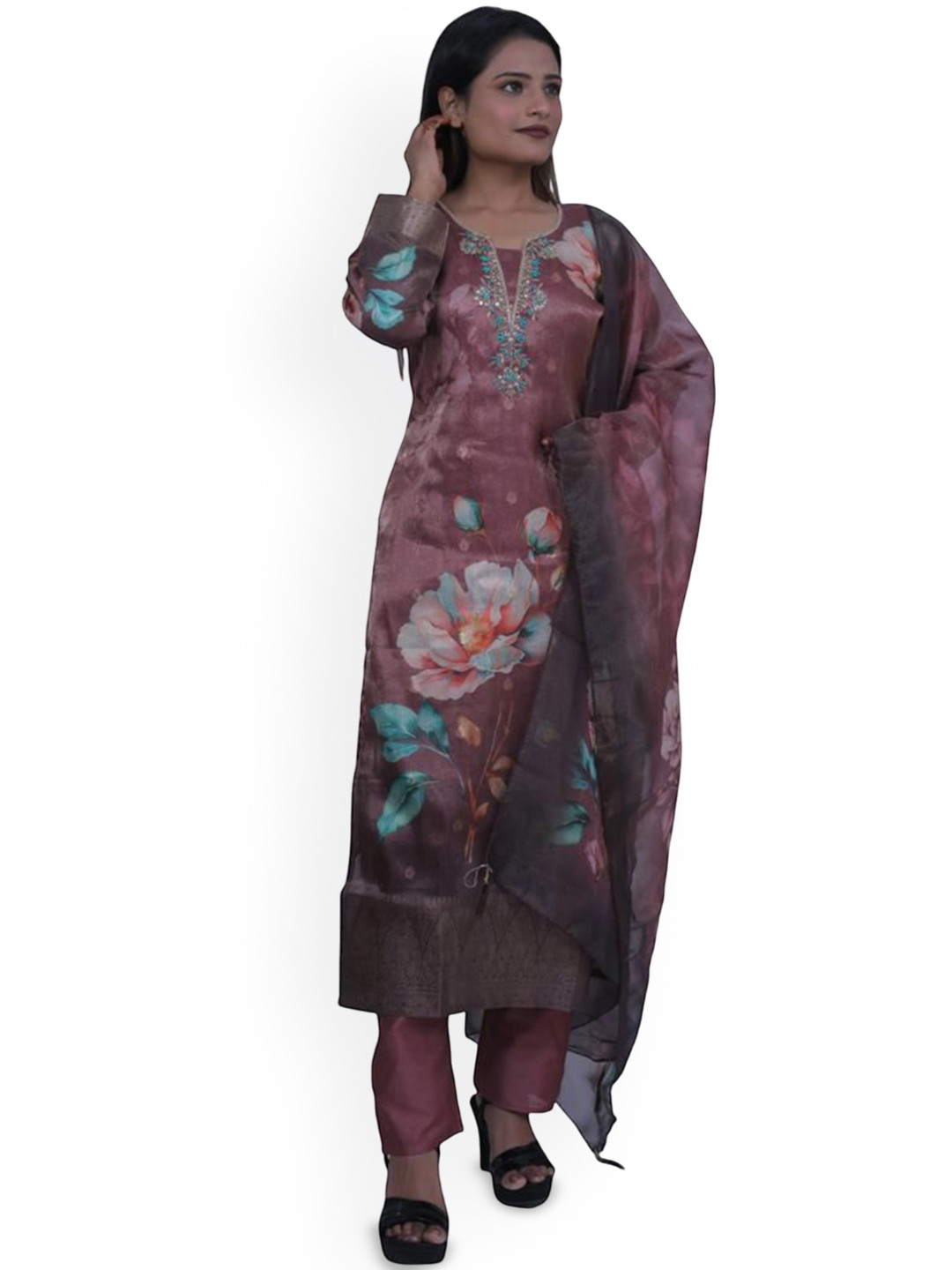 Wavy Collection Floral Printed Thread Work Straight Kurta with Trouser & Dupatta