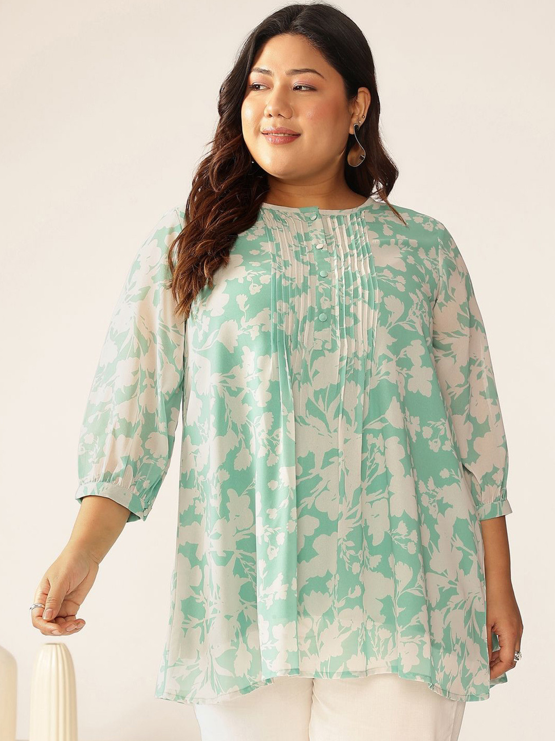 Janasya Women Plus Size Green Georgette Floral Printed A-line Tunic