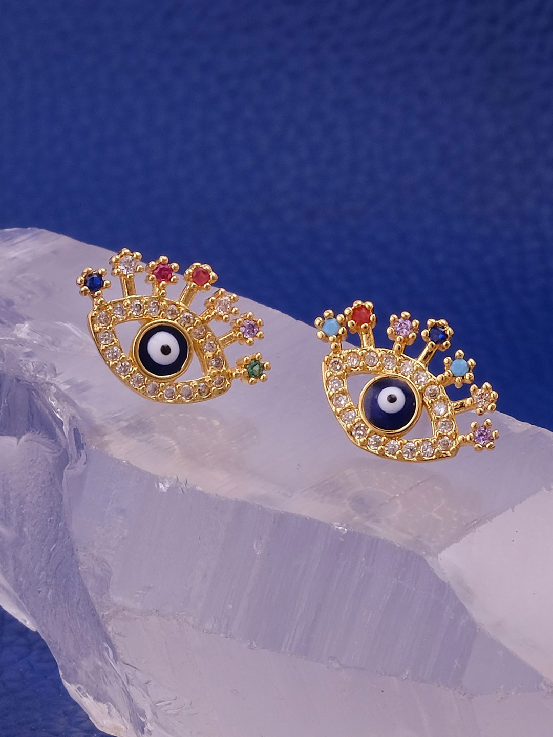 EL JOYERO Gold Plated Evil Eye & Cubic Zircon Studded Classic Studs Earrings