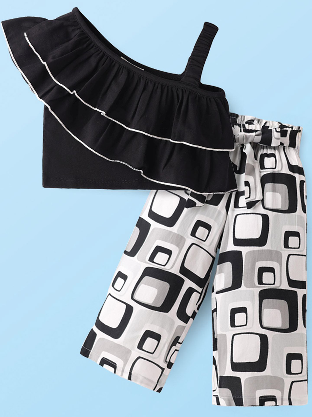 CrayonFlakes Girls Frilled One Shoulder Pure Cotton Frilled Crop Top With Palazzo