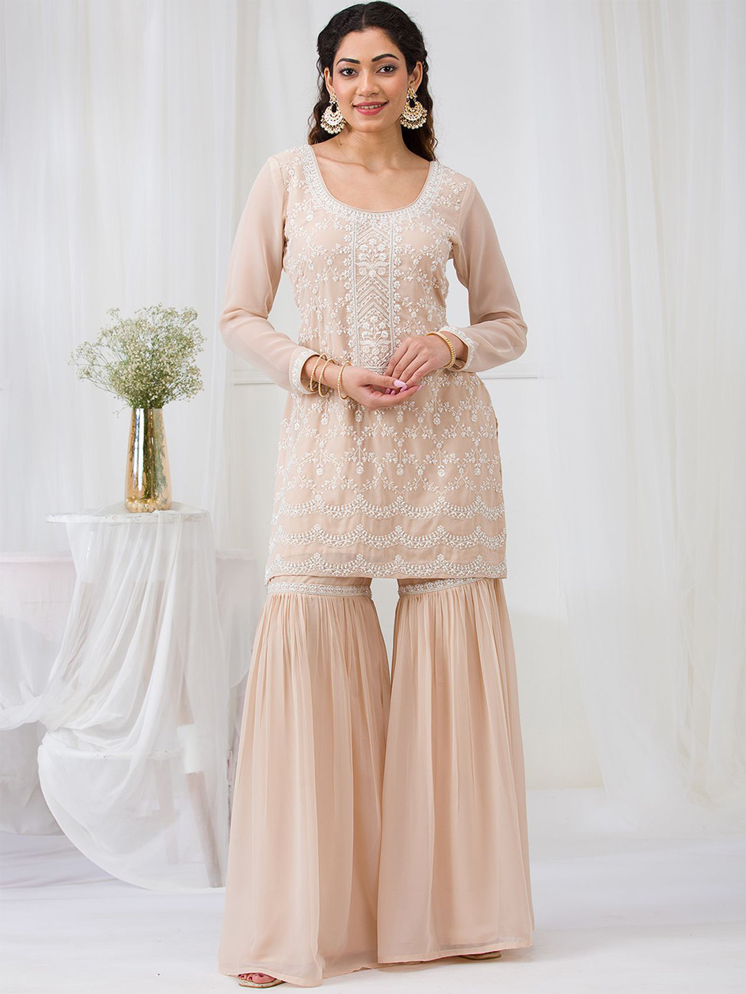 Koskii Floral Embroidered Round Neck Thread Work Georgette Kurti With Sharara & Dupatta