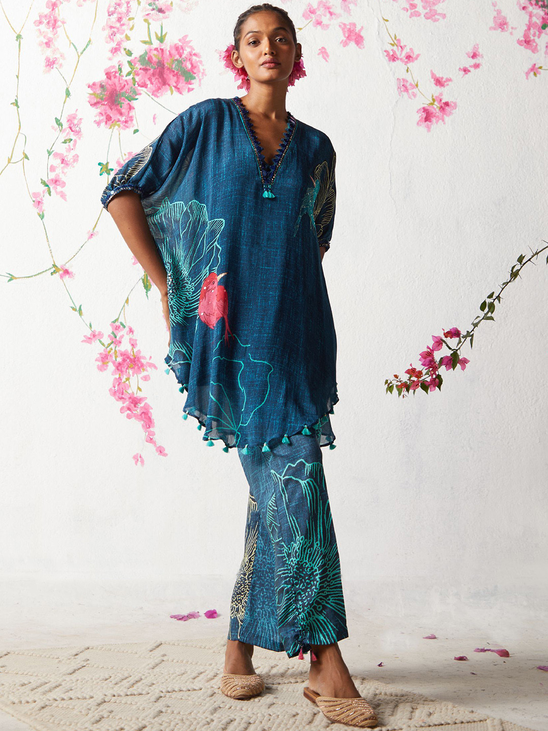 Basil leaf Floral Printed V-Neck Chinon Kaftan Kurta with Trousers