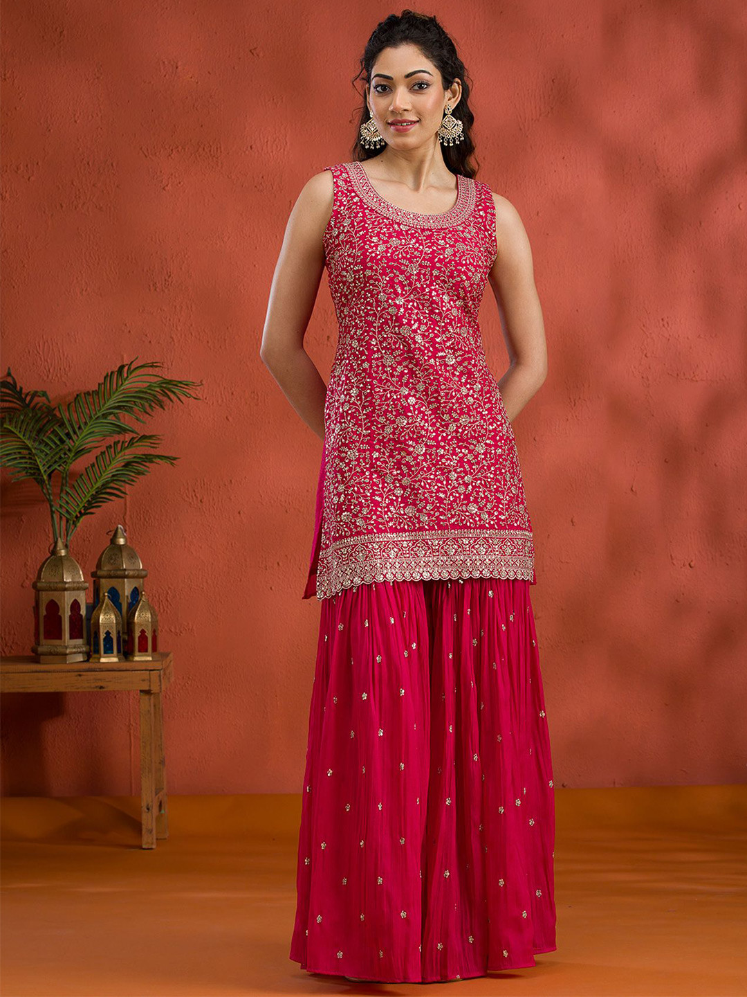 Koskii Floral Embroidered Round Neck Zari Work Georgette Kurti With Sharara & Dupatta