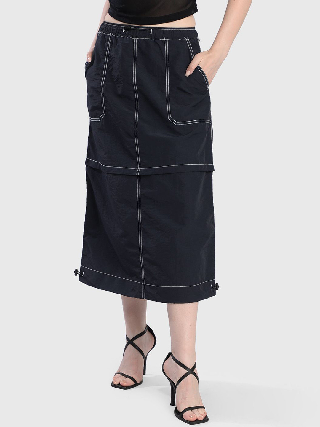 Bene Kleed Women A-Line Contrast Stitch Crushed Nylon Midi Skirt